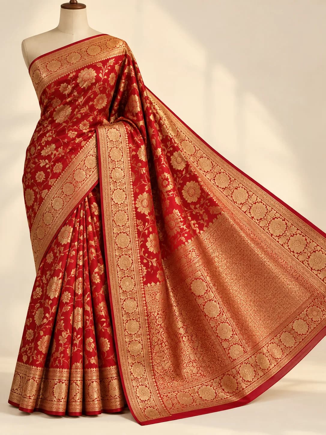 A red Banarasi silk brocade saree with a wide gold zari border and pallu, draped on a mannequin