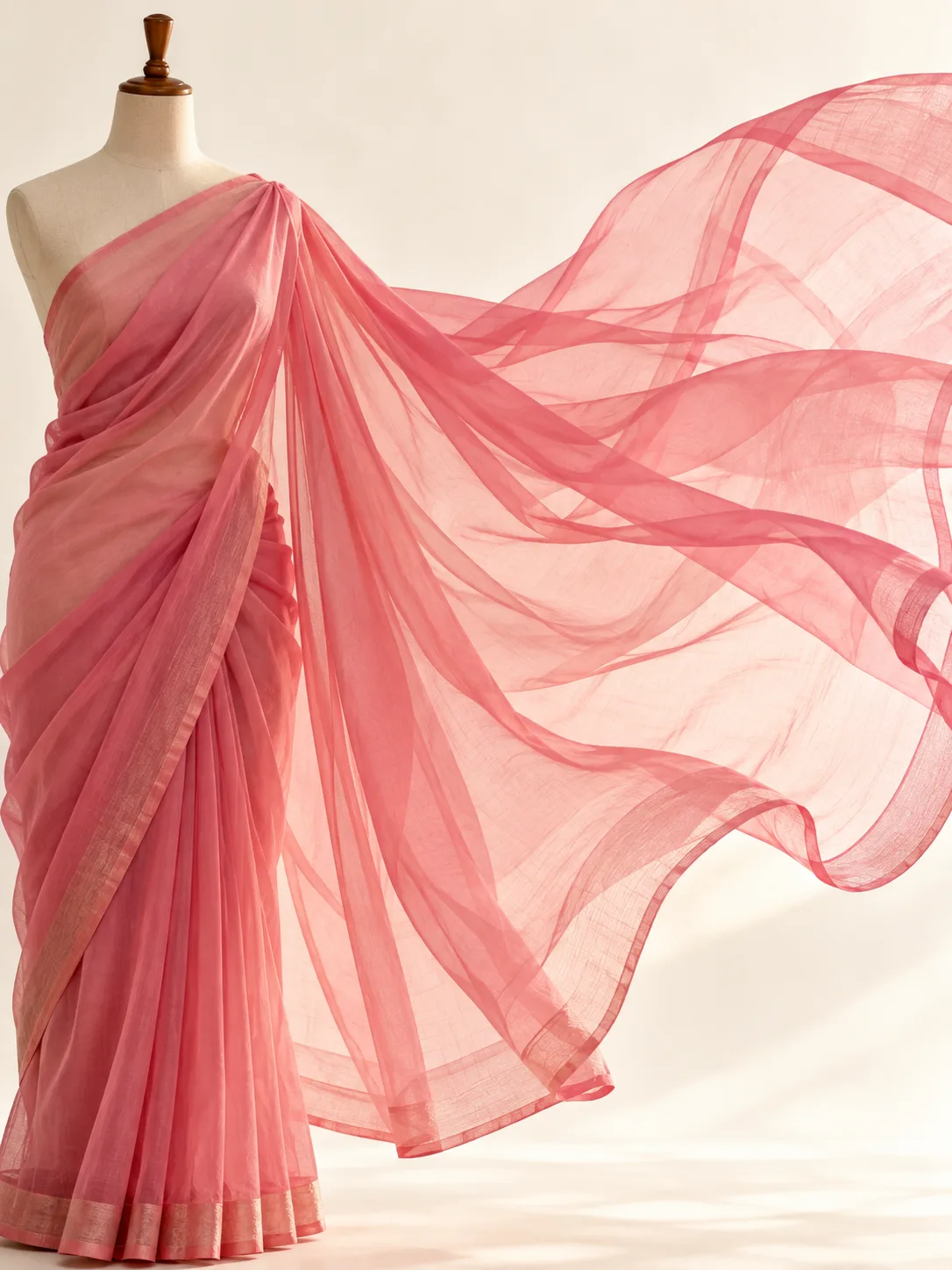 A sheer pink chiffon saree on a mannequin, the pallu floating light and translucent