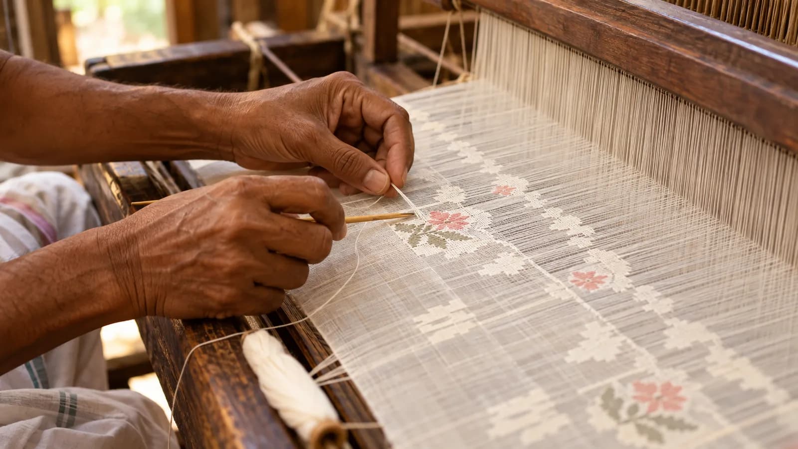 A weaver inserting Jamdani motifs by hand into sheer cotton on a handloom