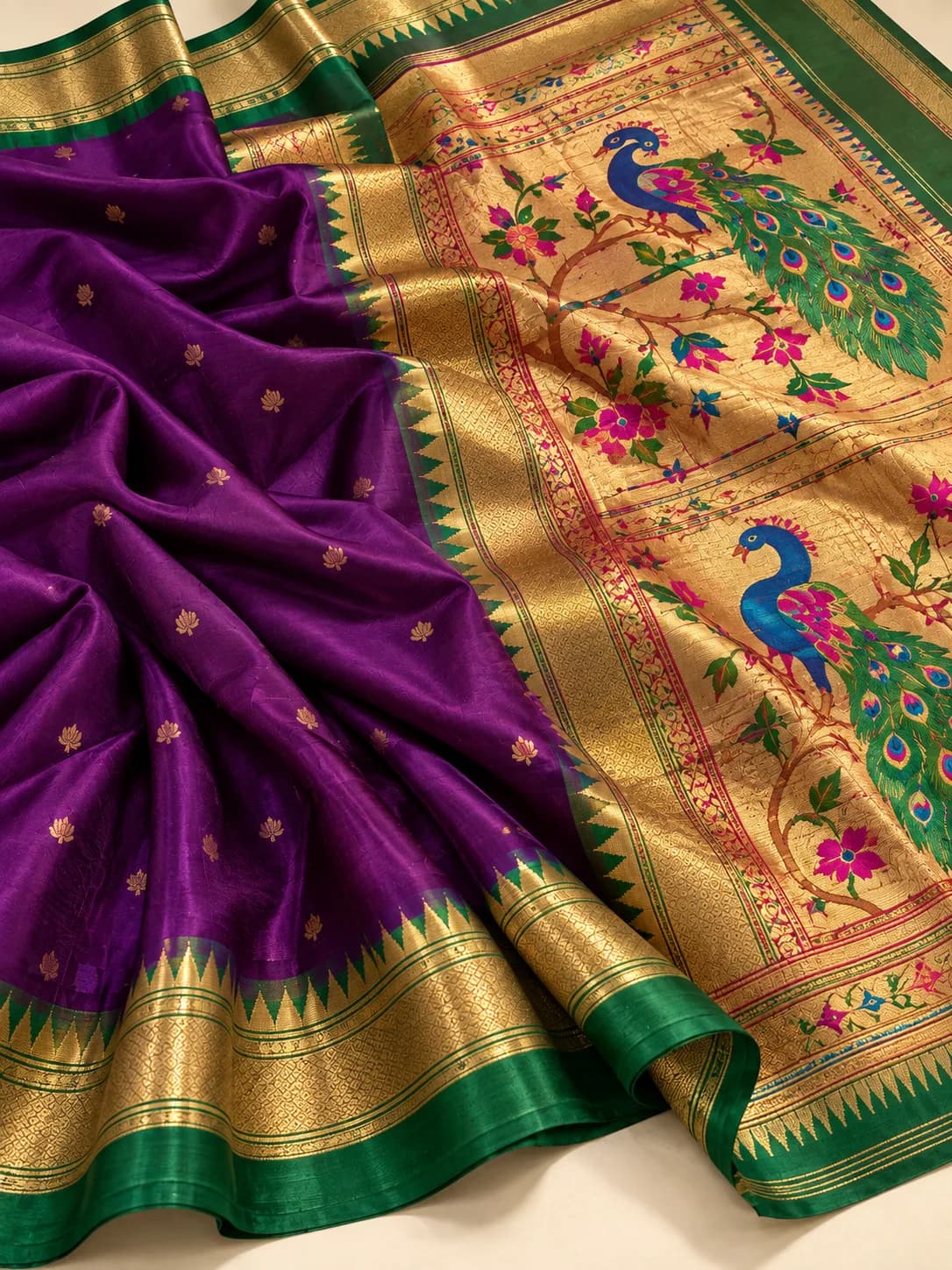 A purple Paithani saree showing the peacock motif pallu and green kadiyal border