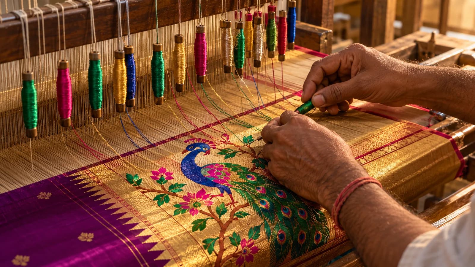A weaver's hands working the tapestry weave of a Paithani peacock on the loom, colour bobbins above